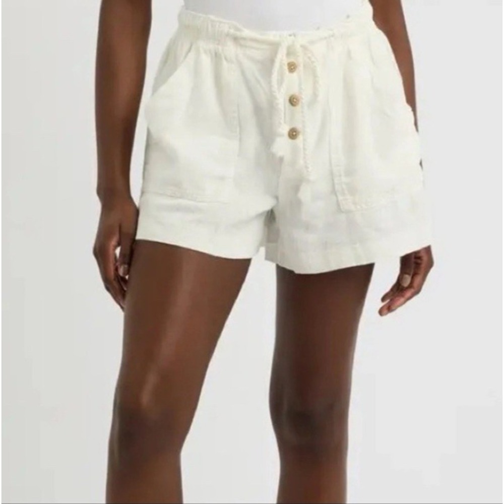 Free People Westmoreland Linen Blend PullOn White Shorts Sz L Elastic Drawstring
